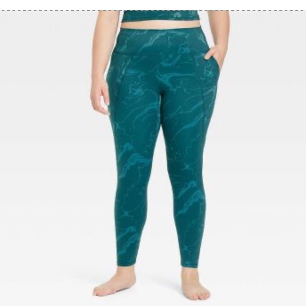 All In Motion Leggings XXL Teal Print Flex High Rise 7/8 UPF 50+ Pockets NWT